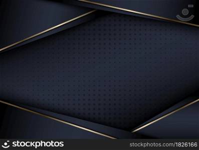 Abstract 3D realistic blue stripes layer with golden lines luxury style on dark blue background halftone texture. Vector illustration