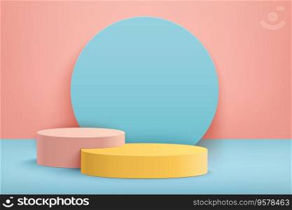 Abstract 3D realistic colorful empty round podiums and blue round shape on background. Minimal scene for product display presentation. Award ceremony concept. Abstract 3D realistic colorful empty round podiums and blue round shape. Minimal scene for product display presentation