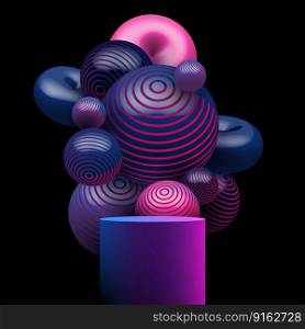 Abstract 3D realistic empty neon colors podium with blue and pink gradient color decorative realistic balls elements flying random on black background. Product display for banner mockup, showroom, showcase, presentation, etc. Vector illustration