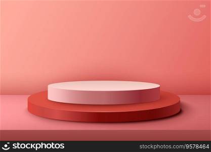 Abstract 3D realistic red and pink empty round podiums. Minimal scene for product display presentation. Award ceremony concept. Abstract scene with cylindrical podiums. Geometry shape platform. Abstract 3D realistic red and pink empty round podiums. Minimal scene for product display presentation. Award ceremony concept. Abstract scene with cylindrical podiums