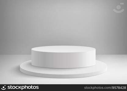 Abstract 3D realistic white empty round podiums. Minimal scene for product display presentation. Award ceremony concept. Abstract scene with cylindrical podiums. Geometry shape platform. Abstract 3D realistic white empty round podiums. Minimal scene for product display presentation. Award ceremony concept. Abstract scene with cylindrical podiums