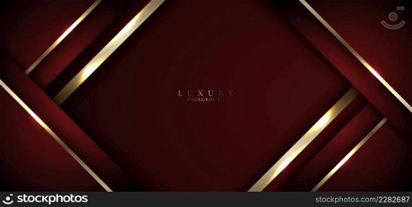 Abstract 3D red and golden stripes triangles shapes with shiny gold lines lighting effect on dark background banner template luxury style. Vector illustration