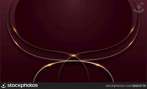 Abstract 3D red wave shapes layer and golden lines with shiny gold lines lighting effect on red background template luxury style. Vector illustration