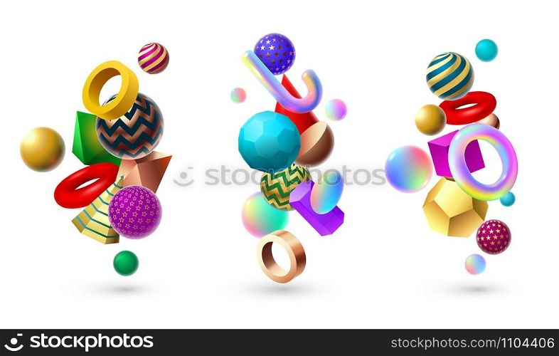 Abstract 3D shape composition. Memphis geometric basic shapes, cube and spheres geometry. Gradient forms composition, multicolored geometrical figures. Isolated vector illustration icons set. Abstract 3D shape composition. Memphis geometric basic shapes, cube and spheres geometry vector illustration set