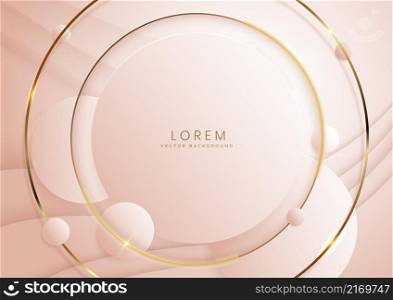 Abstract 3d soft pink circle overlap with golden lines and light effect background. Luxury concept. Vector illustration. You can use for ad, poster, template, business presentation. Vector illustration