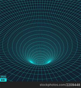 Abstract 3d Surface Looks Like Funnel. Futuristic Technology Style. Perspective Grid Background Texture.. Wireframe vector torus background. Wormhole concept. Funnel perspective grid. Vector Illustration.