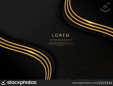 Abstract 3d template black background with gold lines curved wavy with copy space for text. Luxury style. Vector illustration