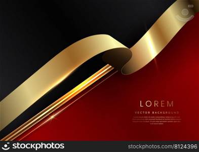 Abstract 3d template diagonal red and black with gold ribbon lines background. Luxury concept with copy space for text. Vector illustration