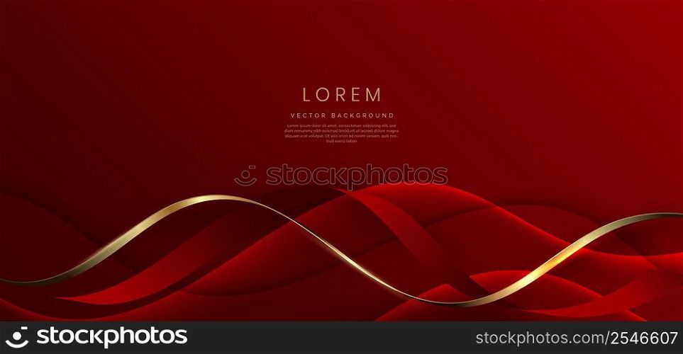 Abstract 3d template red background with gold lines curved wavy with copy space for text. Luxury style. Vector illustration