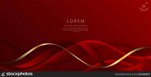 Abstract 3d template red background with gold lines curved wavy with copy space for text. Luxury style. Vector illustration