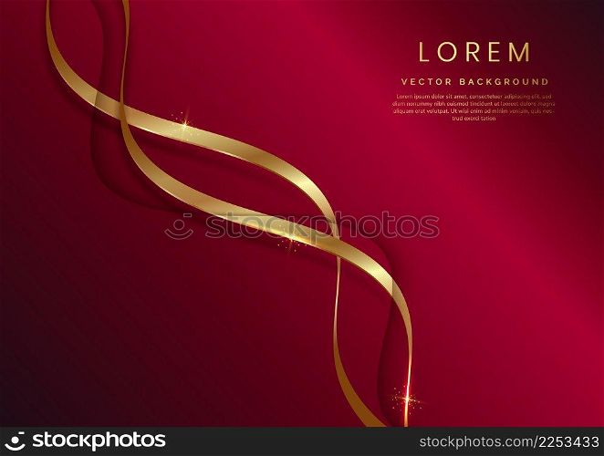 Abstract 3d template red background with gold ribbon curved wavy sparking with copy space for text. Luxury style. Vector illustration