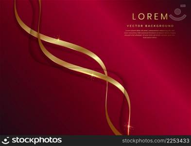 Abstract 3d template red background with gold ribbon curved wavy sparking with copy space for text. Luxury style. Vector illustration
