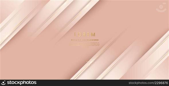 Abstract 3d template rose gold background with gold lines diagonal sparking with copy space for text. Luxury style. Vector illustration