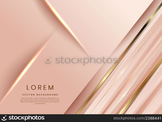 Abstract 3d template rose gold background with gold lines diagonal sparking with copy space for text. Luxury style. Vector illustration