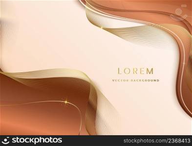 Abstract 3d template soft brown background with gold lines curved wavy sparking with copy space for text. Luxury style. Vector illustration