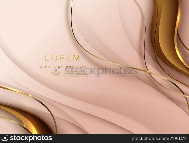 Abstract 3d template soft pink background with gold lines curved wavy sparking with copy space for text. Luxury style. Vector illustration