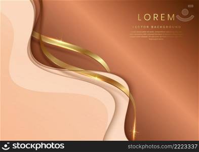 Abstract 3d template soft pink on brown background with gold lines curved wavy sparking with copy space for text. Luxury style. Vector illustration