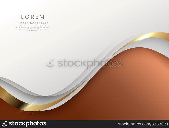 Abstract 3d template white on brown background with gold lines curved wavy sparking with copy space for text. Luxury style. Vector illustration