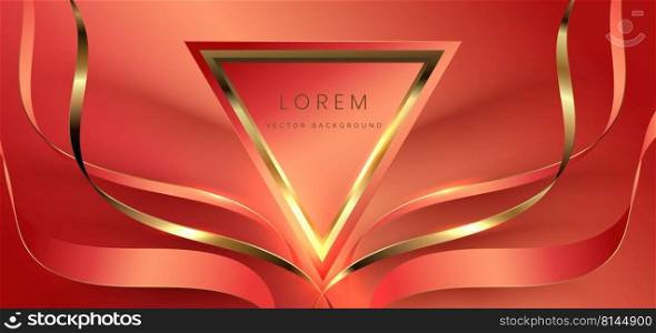 Abstract 3d triangle shape and gold curved red ribbon on red background with light effect sparkle. Luxury design style. Vector illustration