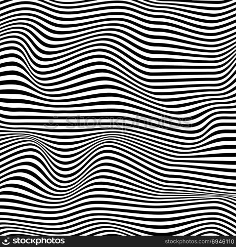 Abstract 3d wave striped textured monochrome background in fashion style. Modern template black and white curve zebra line pattern. Vector illustration