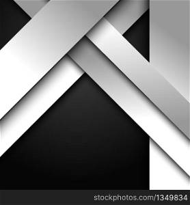 Abstract 3D white and gray stripes diagonal overlapping layer paper on black background with space for your text. Vector Illustration
