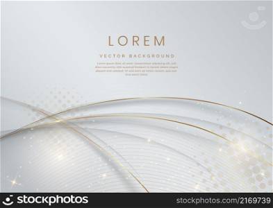 Abstract 3d white and grey curved layers background with lighting effect and sparkle with copy space for text. Luxury design style. Vector illustration