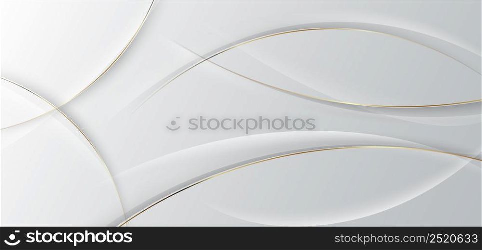 Abstract 3d white background with gold lines curved wavy sparkle with copy space for text. Luxury style template design. Vector illustration