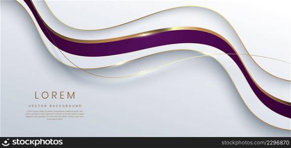 Abstract 3d white background with violet ribbon gold lines curved wavy sparkle with copy space for text. Luxury style template design. Vector illustration
