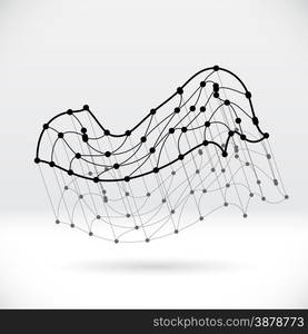 Abstract 3D wireframe shape with connected balls structure and soft lines