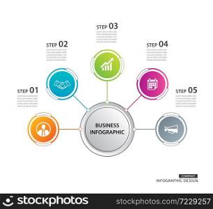 Abstract 5 circle infographics number options template. Vector illustration background. Can be used for workflow layout, data, business step, banner.