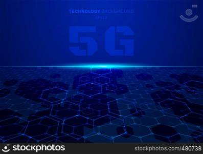 Abstract 5G fururistic concept blue technology hexagon pattern perspective background with light explode. Vector illustration