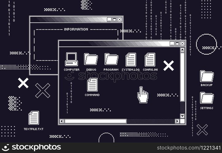 Abstract 80s interface. Retro computer black screen with old programs dark UI, program glitch and hack or virtual virus attack vector illustration. Operating system with software failure, crush, bug.. Abstract 80s interface. Retro computer black screen with old programs dark UI, program glitch and hack or virtual virus attack vector illustration