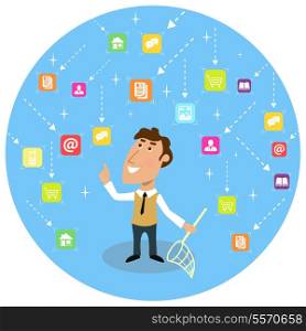 Abstract adult business man with net social communication concept vector illustration