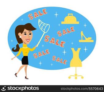 Abstract adult woman with net catching best sale price special offer concept vector illustration