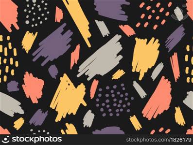 Abstract aesthetic hand drawn brush strokes, spot seamless pattern on black background. Vector illustration