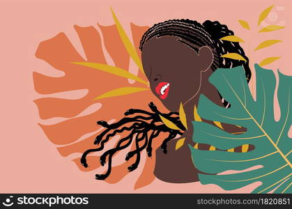 Abstract afro american black skin girl portrait with snake hair and tropical leaves illustration.