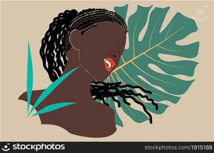 Abstract afro american black skin girl portrait with tropical leaves illustration.
