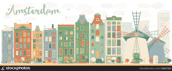 Abstract Amsterdam city skyline with color buildings. Vector illustration. Business travel and tourism concept with historic buildings. Image for presentation, banner, placard and web site.