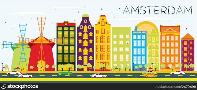 Abstract Amsterdam Skyline with Color Buildings and Blue Sky. Vector Illustration. Business Travel and Tourism Concept with Historic Architecture. Image for Presentation Banner Placard and Web Site.