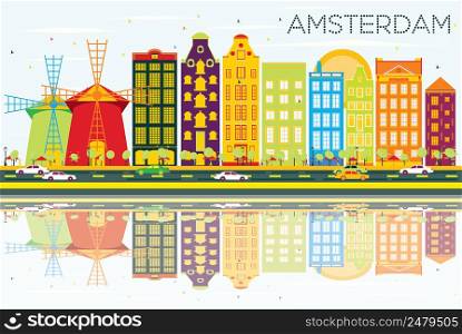 Abstract Amsterdam Skyline with Color Buildings, Blue Sky and Reflections. Vector Illustration. Business Travel and Tourism Concept with Historic Architecture. Image for Presentation Banner Placard.