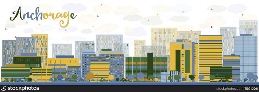 Abstract Anchorage (Alaska) Skyline with color Buildings. Vector Illustration. Business and tourism concept with place for text. Image for presentation, banner, placard and web site