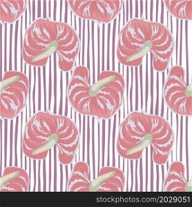 Abstract anthurium flowers seamless pattern on stripe background. Exotic hawaiian plants backdrop. Vintage tropical botanical wallpaper. Design for fabric , textile print, surface, wrapping, cover. Abstract anthurium flowers seamless pattern on stripe background. Exotic hawaiian plants backdrop.