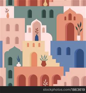 Abstract architecture. Minimalist geometric building shapes seamless pattern, moroccan oriental streets, bohemian aesthetic. Vector concept. Decor textile, wrapping paper wallpaper, print or fabric. Abstract architecture. Minimalist geometric building shapes seamless pattern, moroccan oriental streets, bohemian aesthetic. Vector concept. Decor textile, wrapping paper, print or fabric