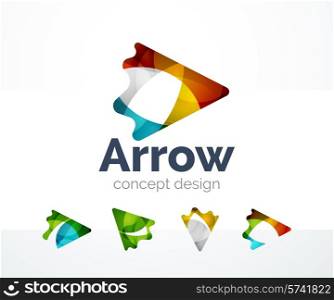 Abstract arrow logo design of color pieces, overlapping geometric shapes. Light and shadow effects