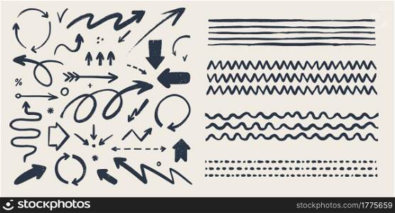 Abstract arrows and brushes set. Various doodle arrows and art strokes with grunge texture. Hand-drawn abstract vintage infographic Vector collection. Add in the brush panel as art or pattern brush. Abstract arrows and brushes set. Various doodle arrows and art strokes with grunge texture. Hand-drawn abstract vintage infographic Vector collection. Add in the brush panel as art or pattern brush.
