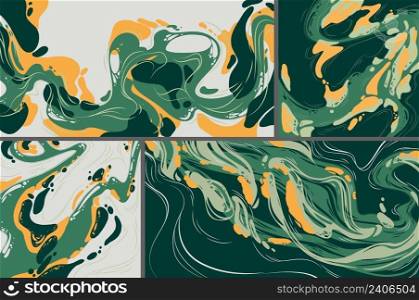 Abstract art backgrounds, modular painting arts with green and yellow liquid stains, swirls, shapes, linear and grunge elements. Paint brush texture decoration, modular posters Vector illustration set. Abstract art backgrounds, modular painting arts