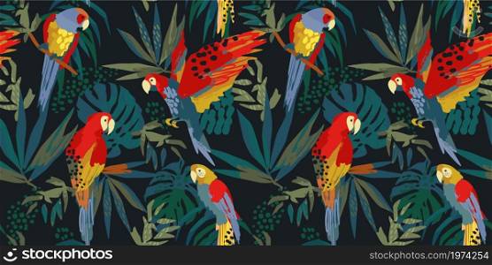Abstract art seamless pattern with parrots and tropical leaves. Modern exotic design for paper, cover, fabric, interior decor and other users.. Abstract art seamless pattern with parrots and tropical leaves. Modern exotic design for paper, cover, fabric, interior decor and other