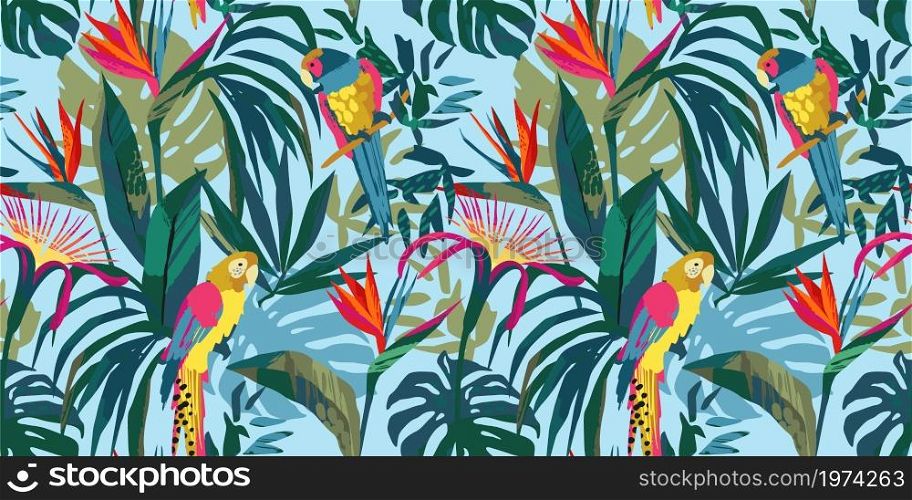 Abstract art seamless pattern with parrots and tropical plants. Modern exotic design for paper, cover, fabric, interior decor and other users.. Abstract art seamless pattern with parrots and tropical plants. Modern exotic design