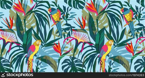 Abstract art seamless pattern with parrots and tropical plants. Modern exotic design for paper, cover, fabric, interior decor and other users.. Abstract art seamless pattern with parrots and tropical plants. Modern exotic design