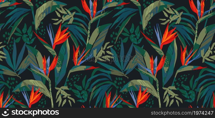 Abstract art seamless pattern with tropical leaves and flowers. Modern exotic design for paper, cover, fabric, interior decor and other users.. Abstract art seamless pattern with tropical leaves and flowers.